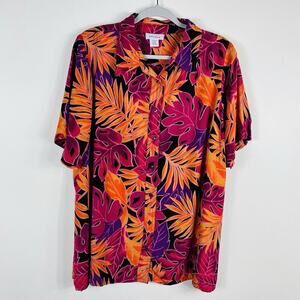 Avenue Plus Size 18 20 Tropical Floral Button Front Blouse Top Pink Orange